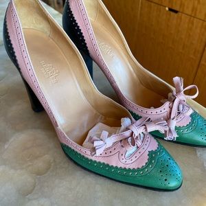 HERMES size 38 green,pink, black color block high heel
